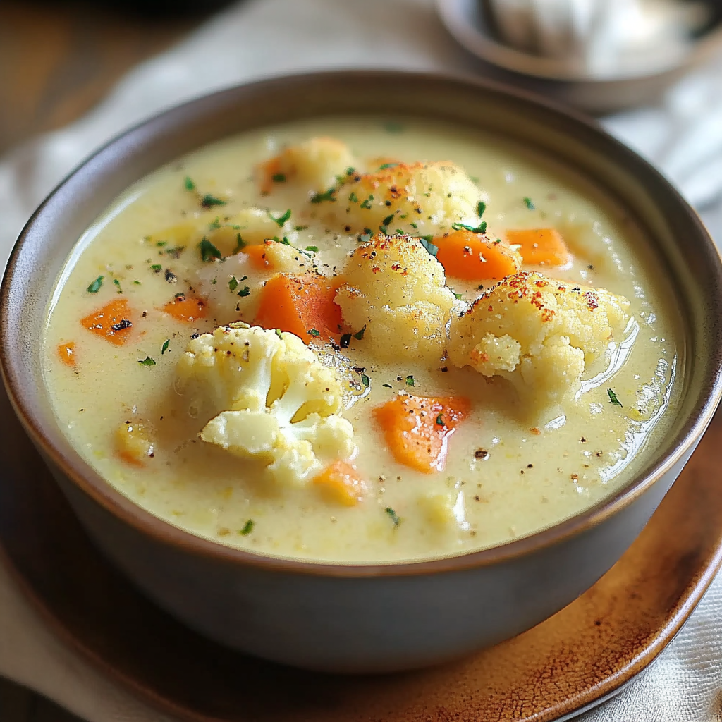 Recipe preparation for Cheddar Cauliflower and Roasted Garlic Soup