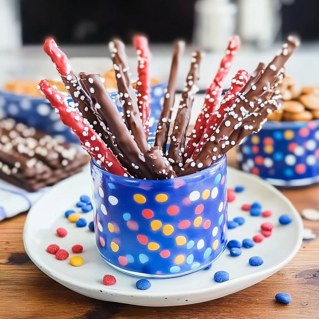 Recipe preparation for 4th of July Chocolate Covered Pretzel Rods