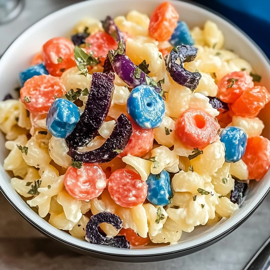 Recipe preparation for RED WHITE AND BLUE PASTA SALAD