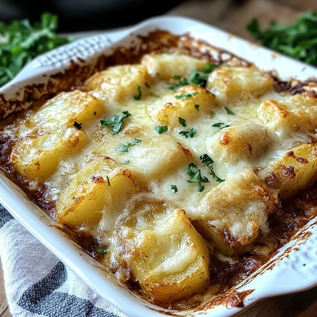 Recipe preparation for Irresistible French Onion Potato Bake Recipe