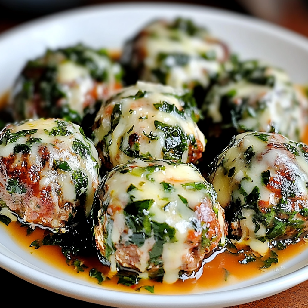 Recipe preparation for Spinach Garlic Meatballs Mozzarella