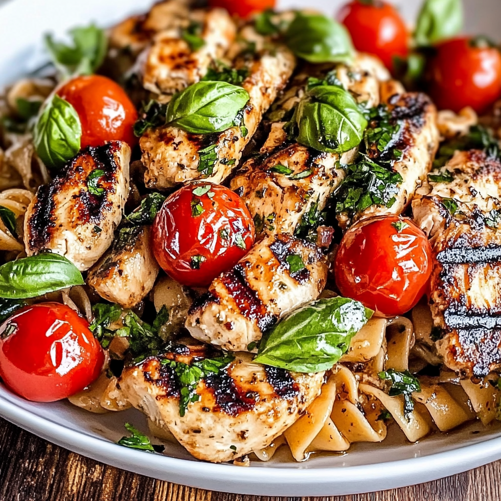 Recipe preparation for Tomato Basil Pasta with Balsamic Grilled Chicken