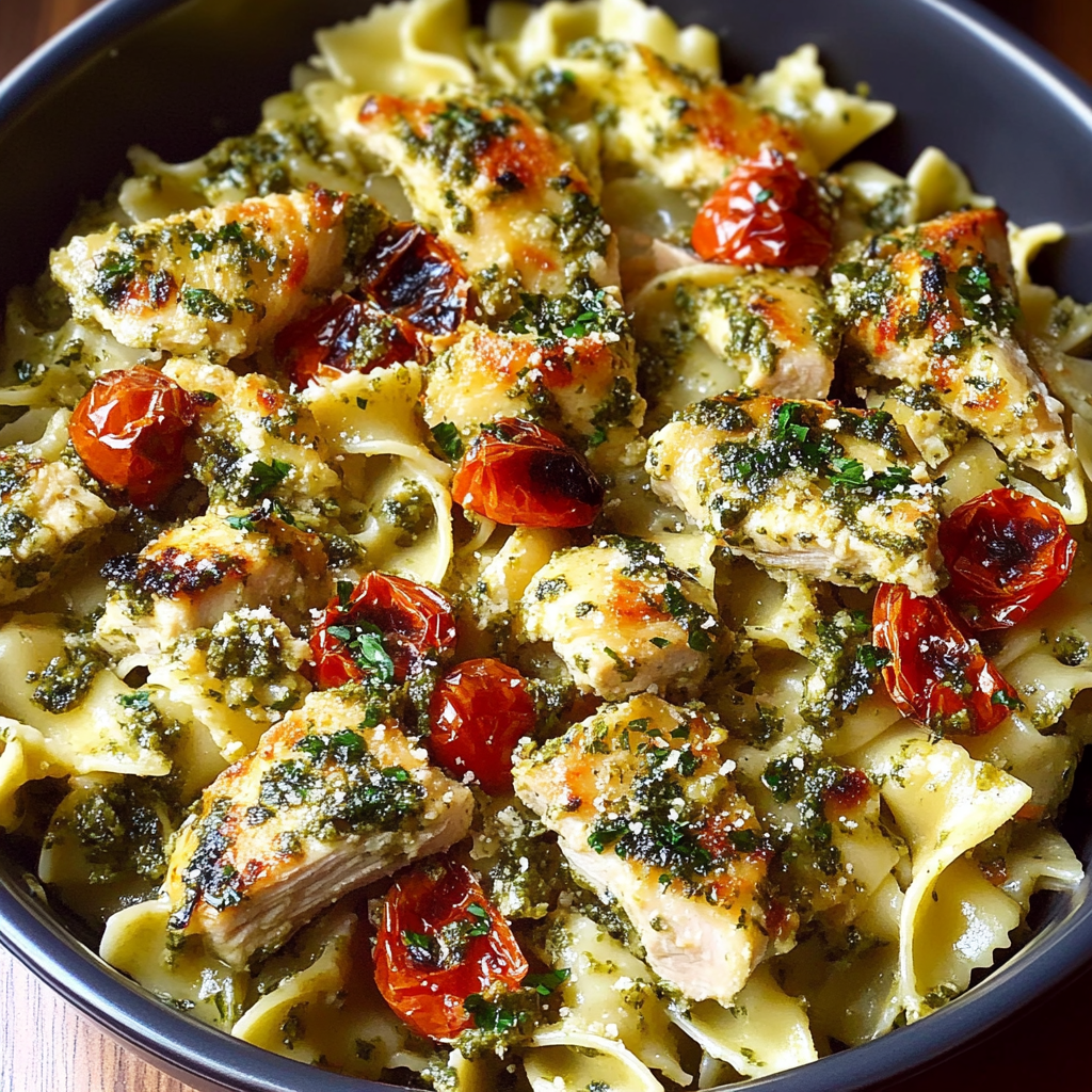 Recipe preparation for Creamy Chicken Pesto Pasta