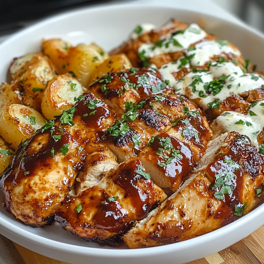 Recipe preparation for Honey BBQ Chicken + Garlic Parmesan Potatoes