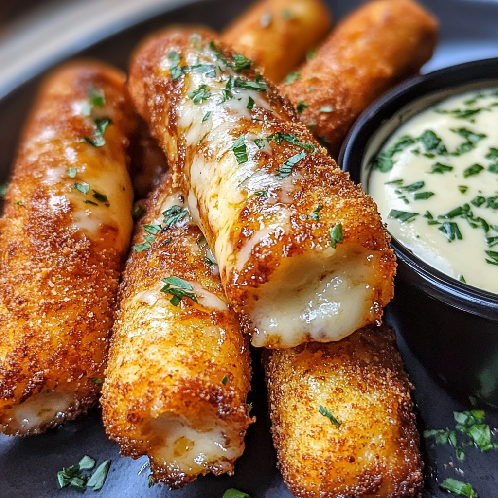 Recipe preparation for Crispy Mozzarella Sticks with Dips
