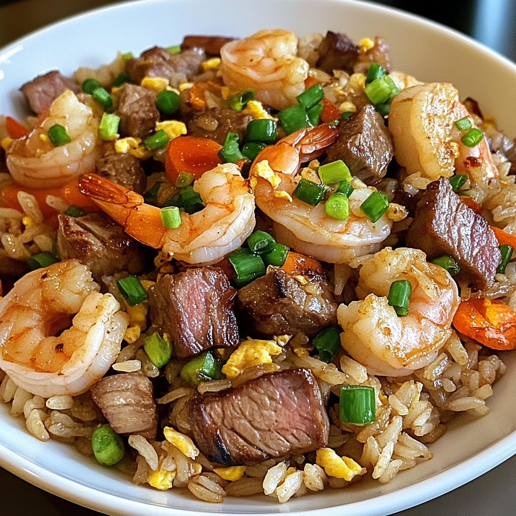 Recipe preparation for Shrimp and Steak Fried Rice