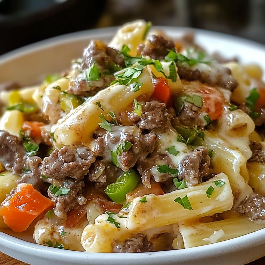 Recipe preparation for Philly Cheesesteak Pasta Delight