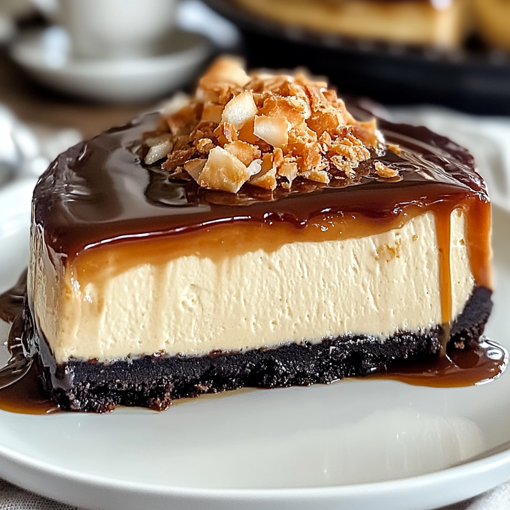 Recipe preparation for Samoa Cheesecake with Coconut Caramel