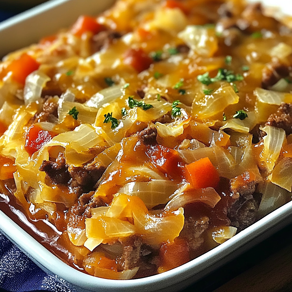 Recipe preparation for Savory Cabbage Beef Bake
