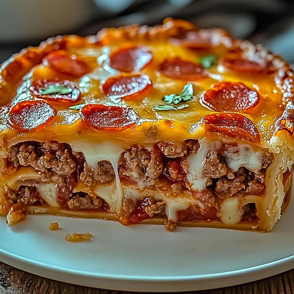 Recipe preparation for Deep Hamburger Sausage Pepperoni Pie