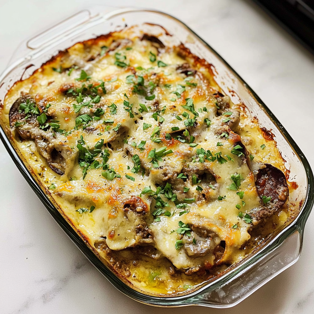 Recipe preparation for Keto Philly Cheesesteak Casserole