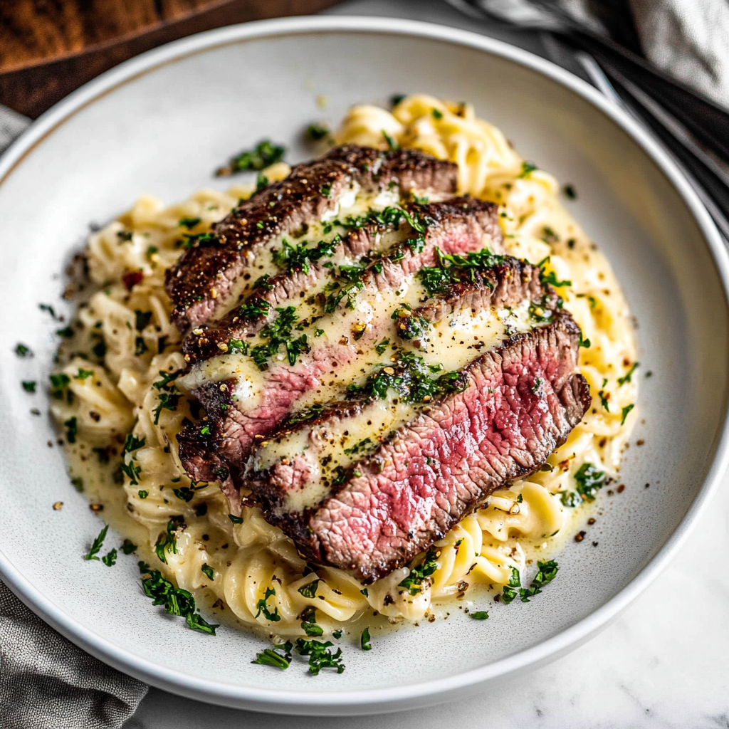Recipe preparation for Steak Gorgonzola Alfredo Dish