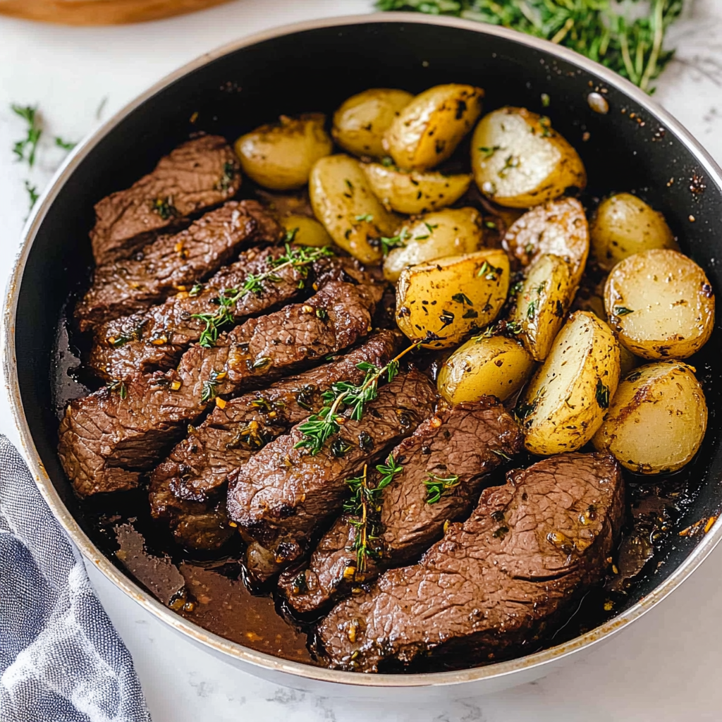Recipe preparation for Garlic Butter Steak and Potatoes