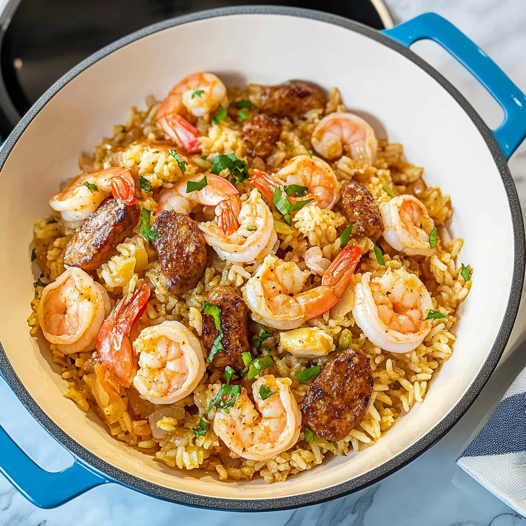 Recipe preparation for Shrimp Sausage Dirty Rice