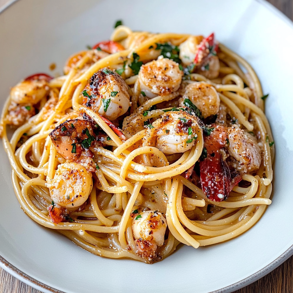 Recipe preparation for Pan-Seared Seafood Pasta