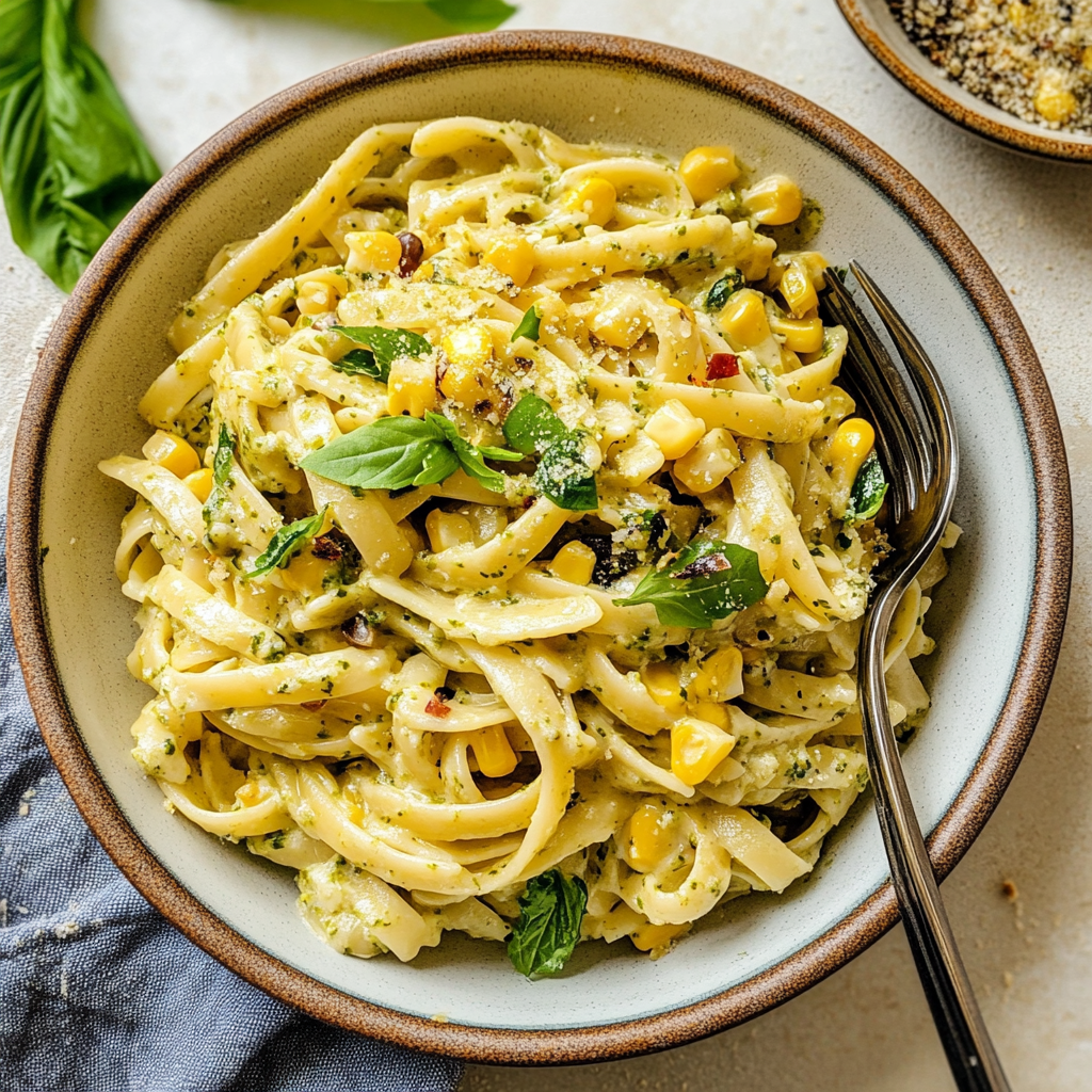 Recipe preparation for Decadent Corn Pesto Pasta