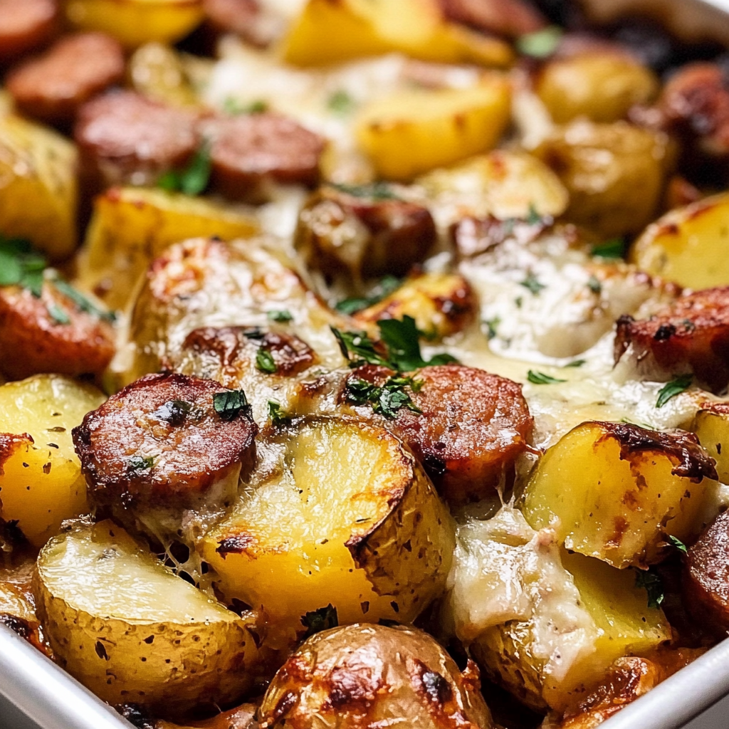 Recipe preparation for Smoked Sausage And Potato Bake