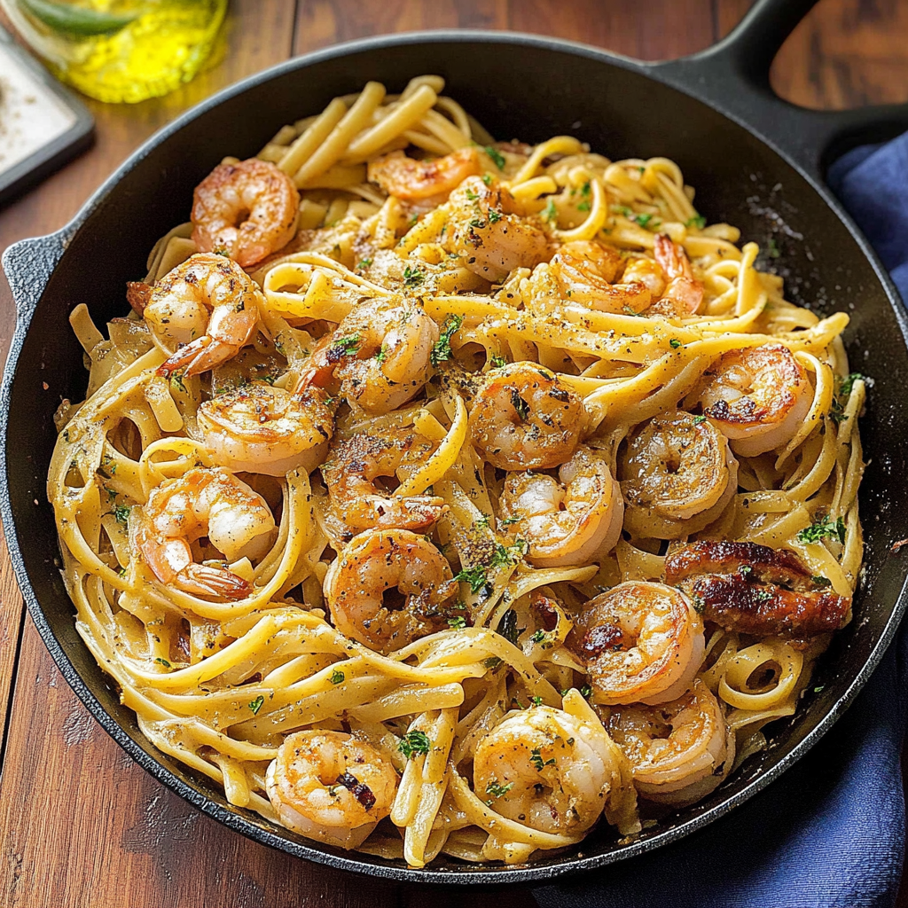 Recipe preparation for Cajun Ranch Shrimp and Sausage Pasta Skillet