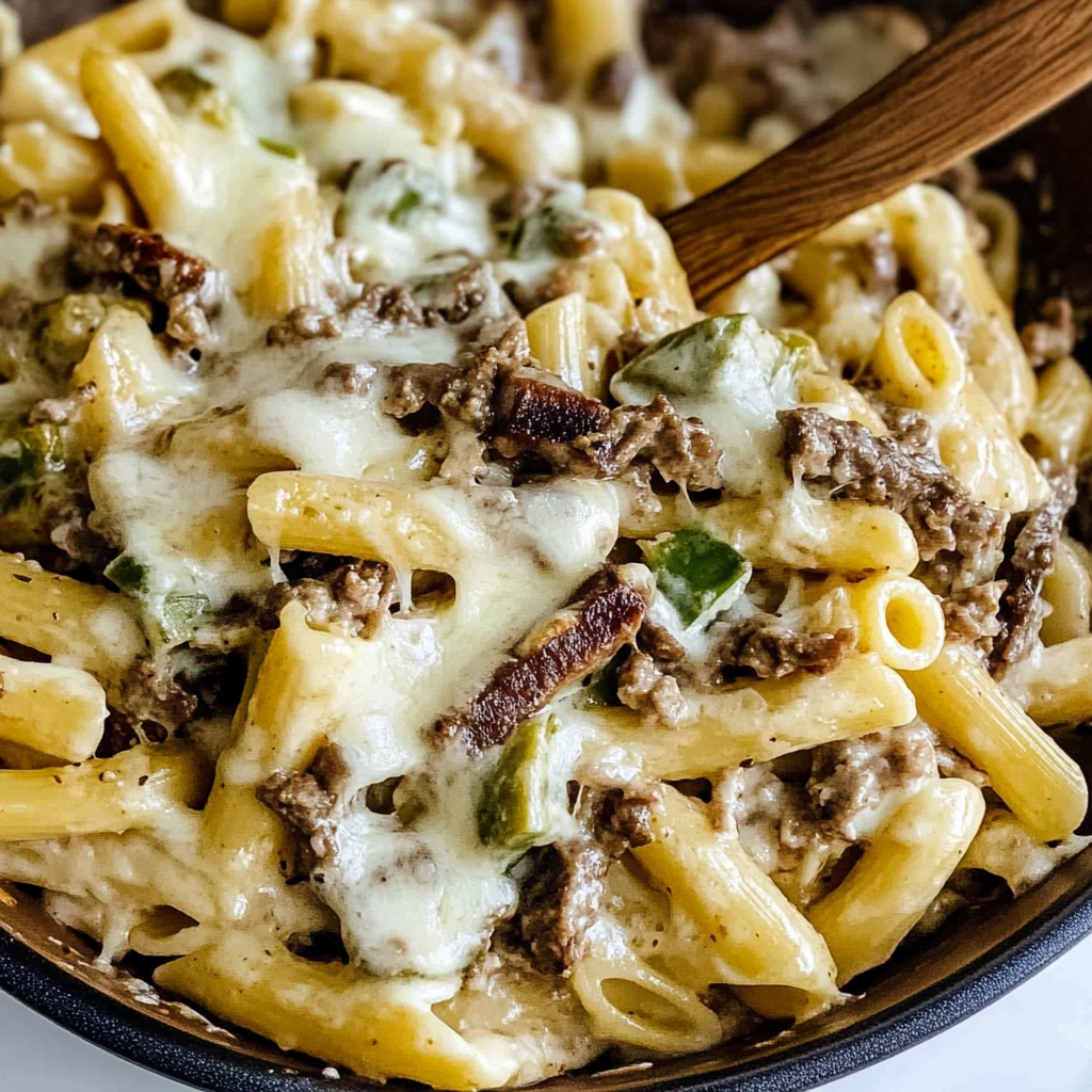 Recipe preparation for Philly Cheesesteak Pasta