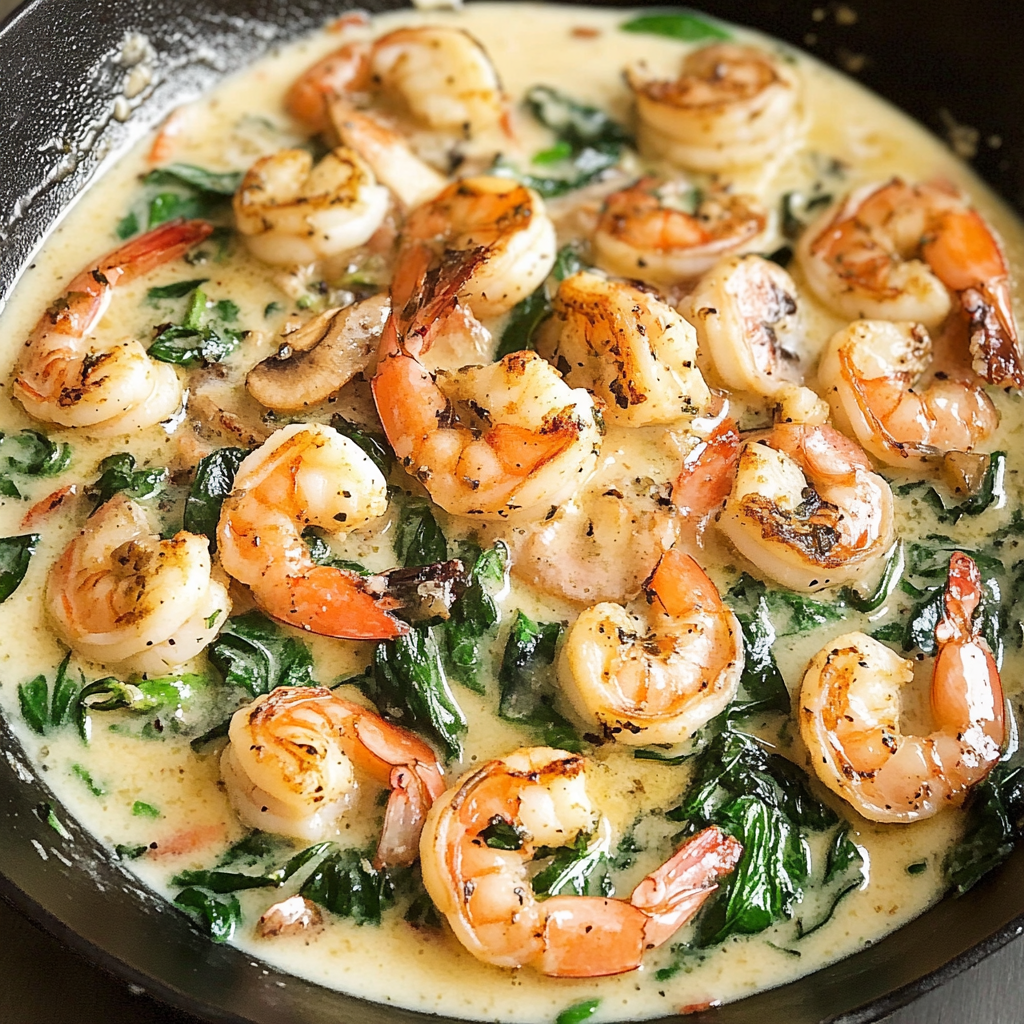 Recipe preparation for Creamy Spinach Mushroom Shrimp
