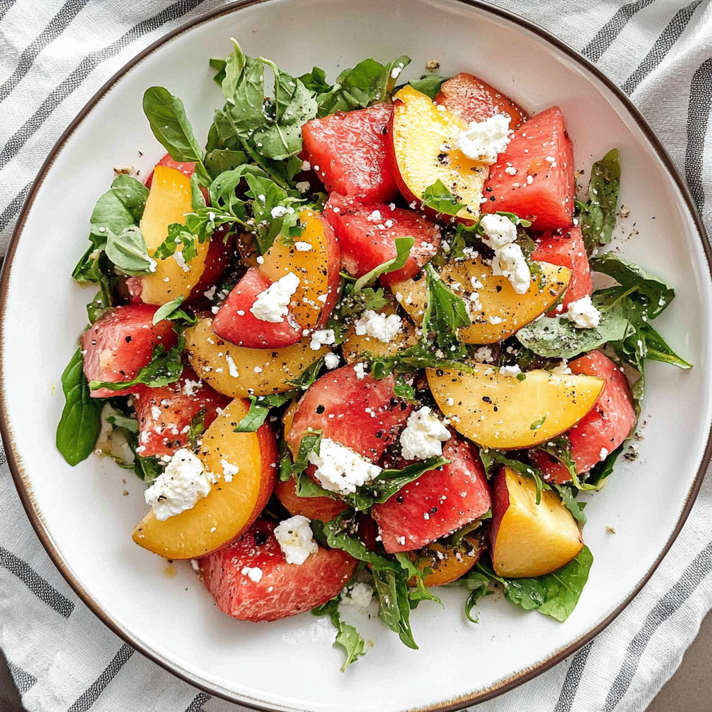 Recipe preparation for Peach Salad with Watermelon and Feta Crumbles