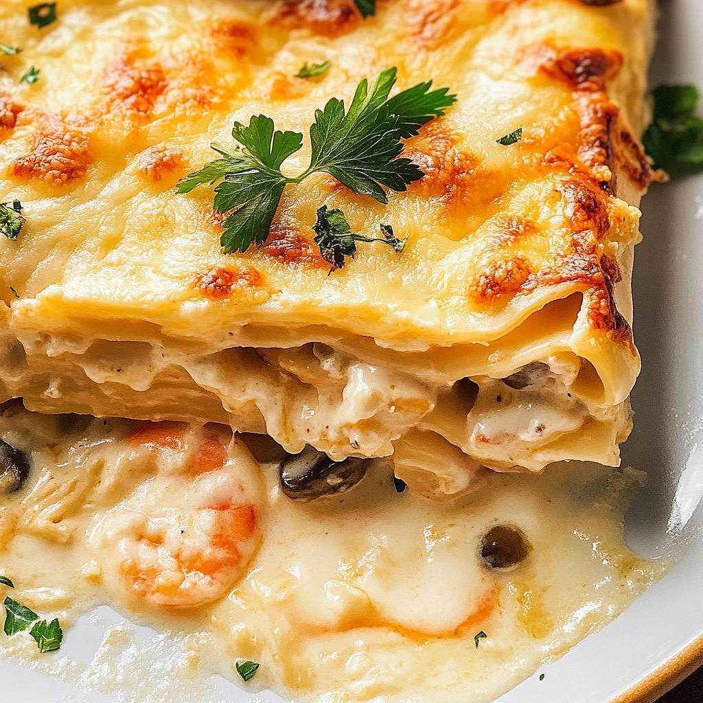 Recipe preparation for Creamy Seafood Lasagna Layers