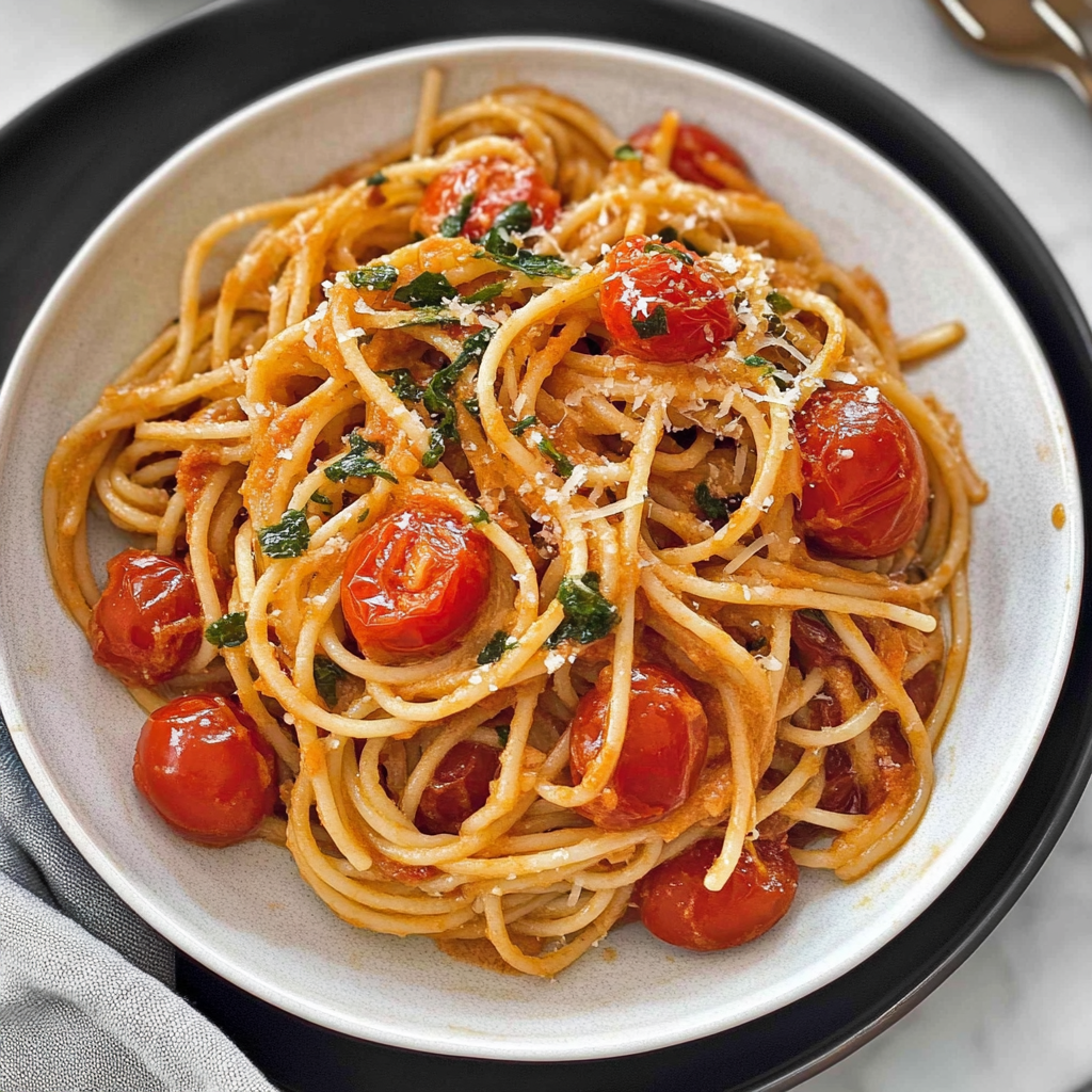 Recipe preparation for Spaghetti with Burst Cherry Tomatoes and Olive Oil