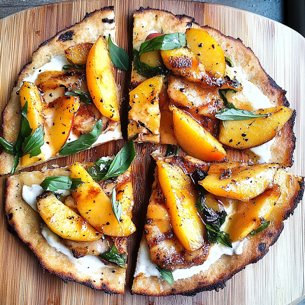 Recipe preparation for Grilled Chicken and Peach Flatbread