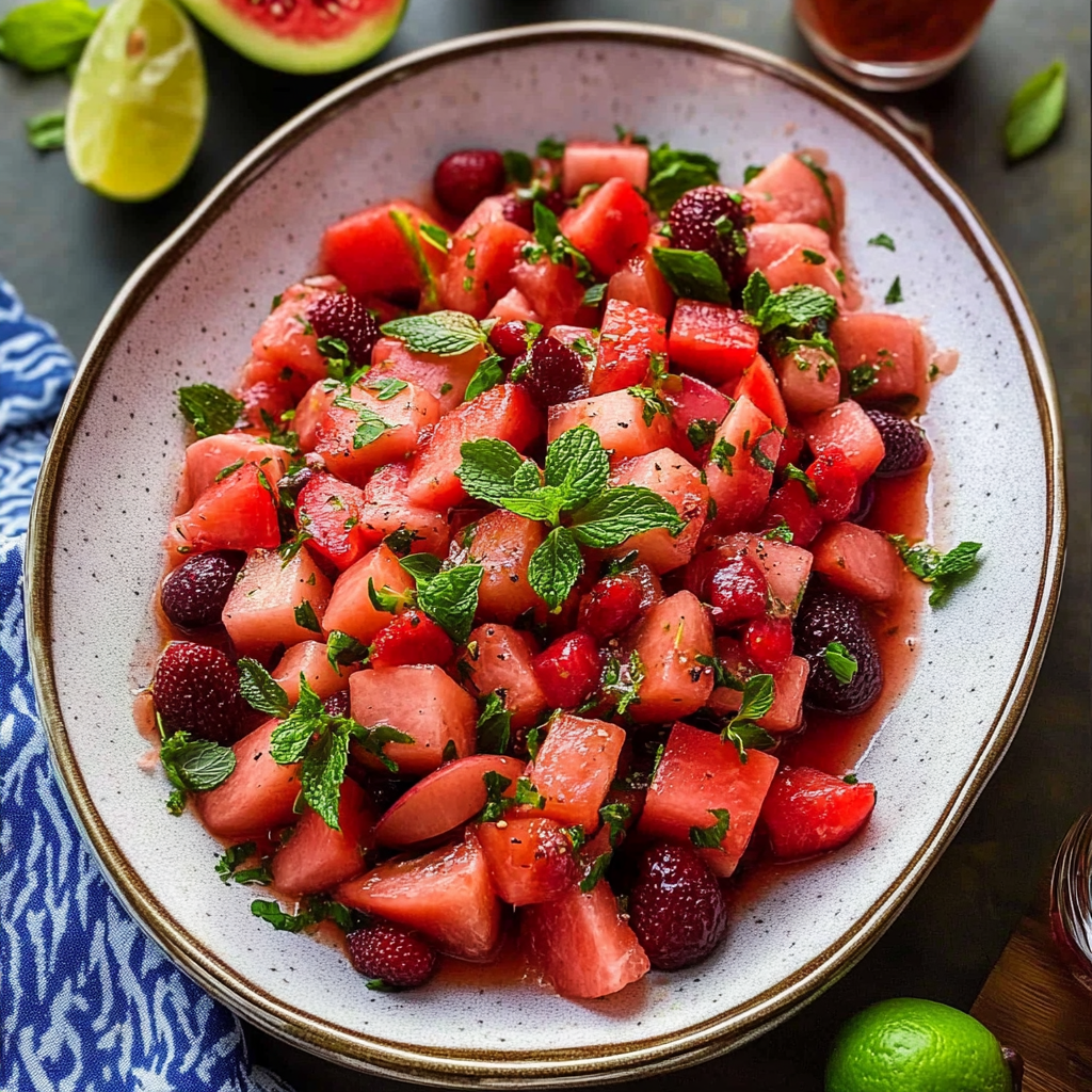 Recipe preparation for Refreshing Watermelon Fruit Salad with Lime Mint Dressing