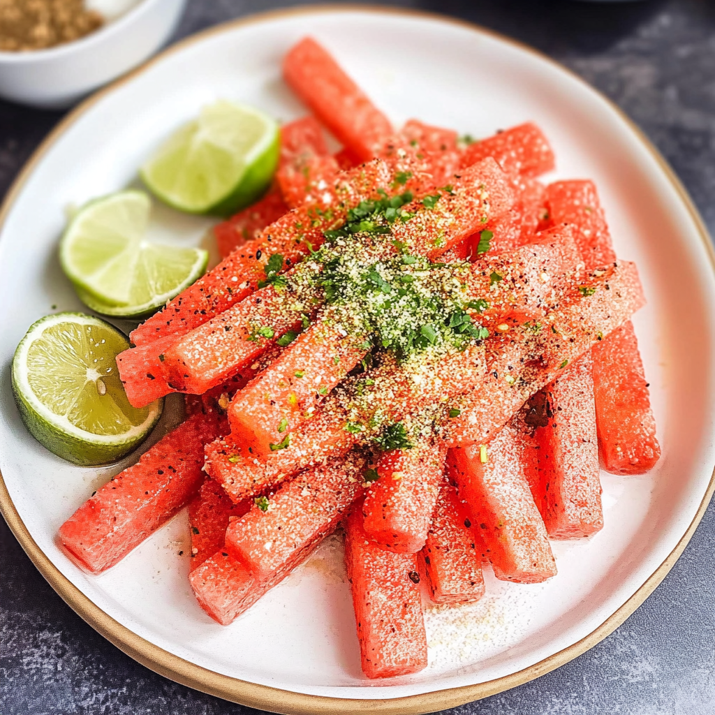 Recipe preparation for Watermelon Fries with Coconut Lime Dip