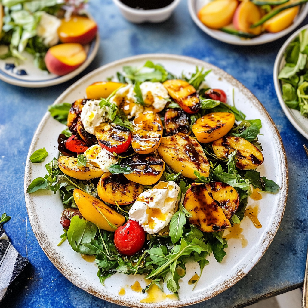 Recipe preparation for Peach Burrata Salad with Champagne Vinaigrette
