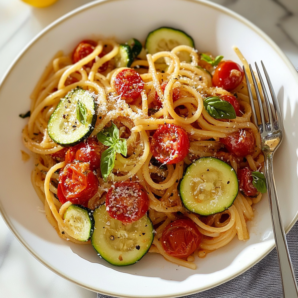 Recipe preparation for Tomato Zucchini Pasta