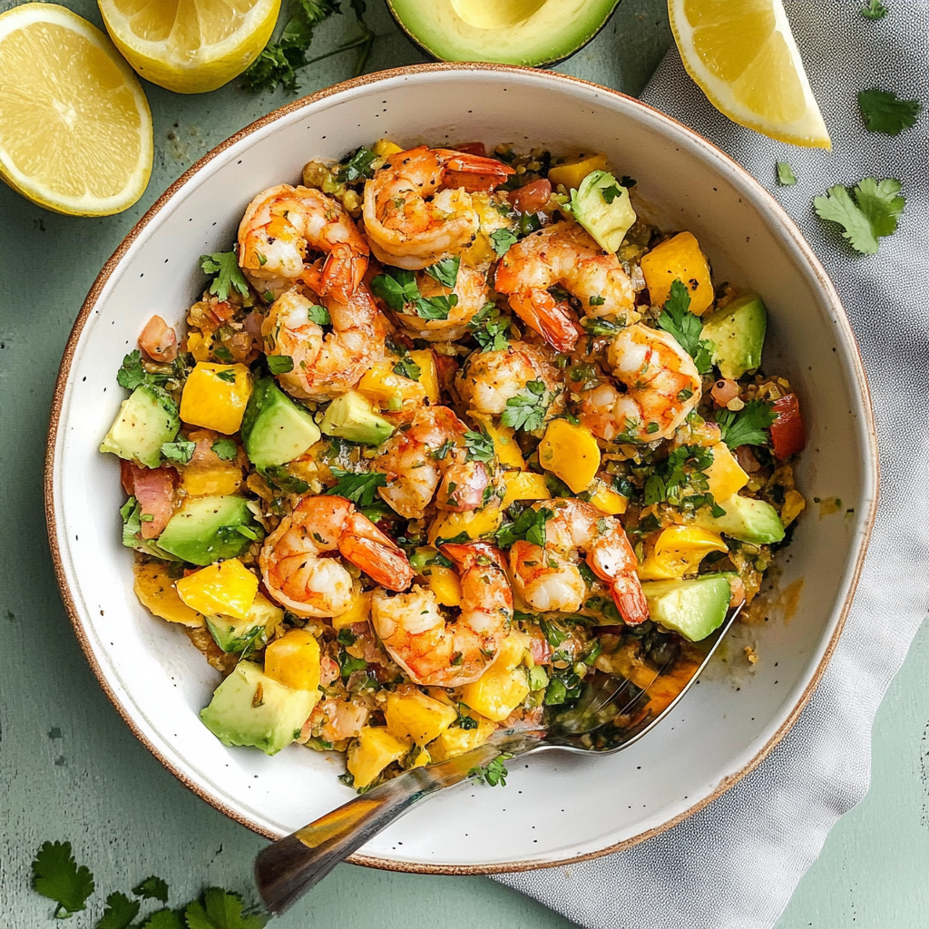 Recipe preparation for Shrimp and Avocado Bowls with Mango salsa