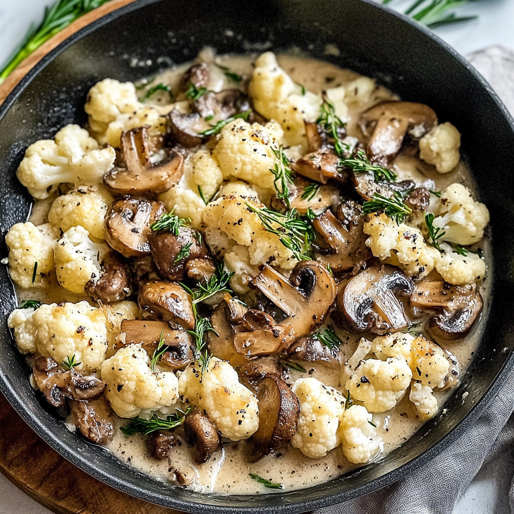 Recipe preparation for Garlic Mushrooms Cauliflower Skillet