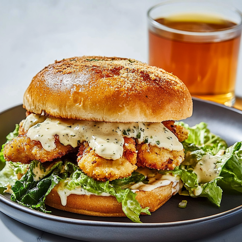 Recipe preparation for Crispy Chicken Caesar Sandwich