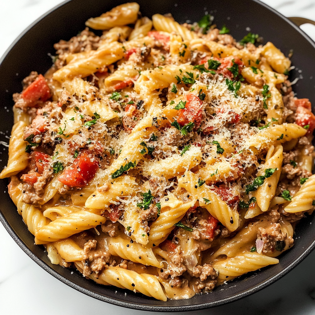 Recipe preparation for Cheesy Rotini Pasta with Garlic Butter Sauce and Ground Beef