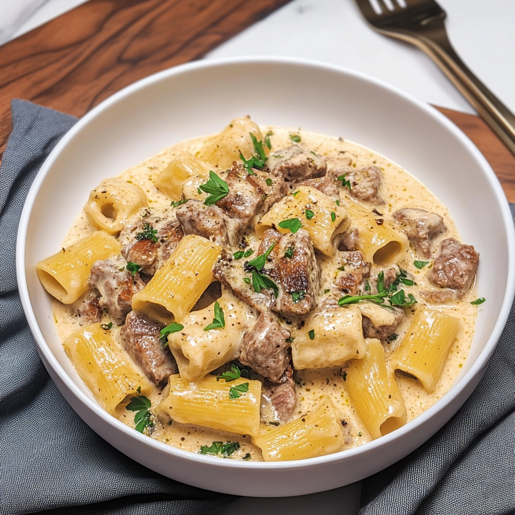 Recipe preparation for Garlic Butter Steak Bites with Creamy Parmesan Tortellini and Garlic Sauce