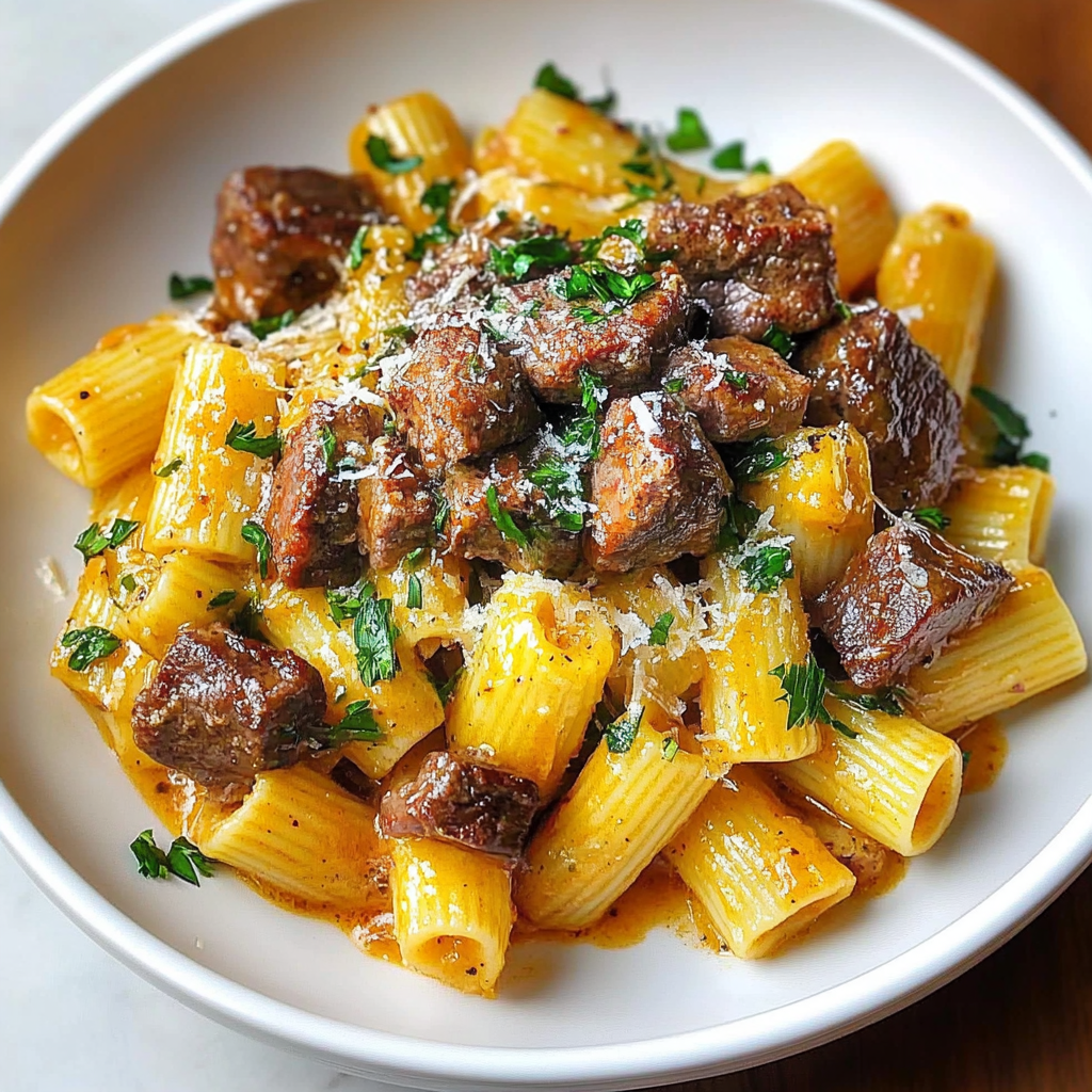 Recipe preparation for Cheesy Cajun Steak Tips Penne Recipe