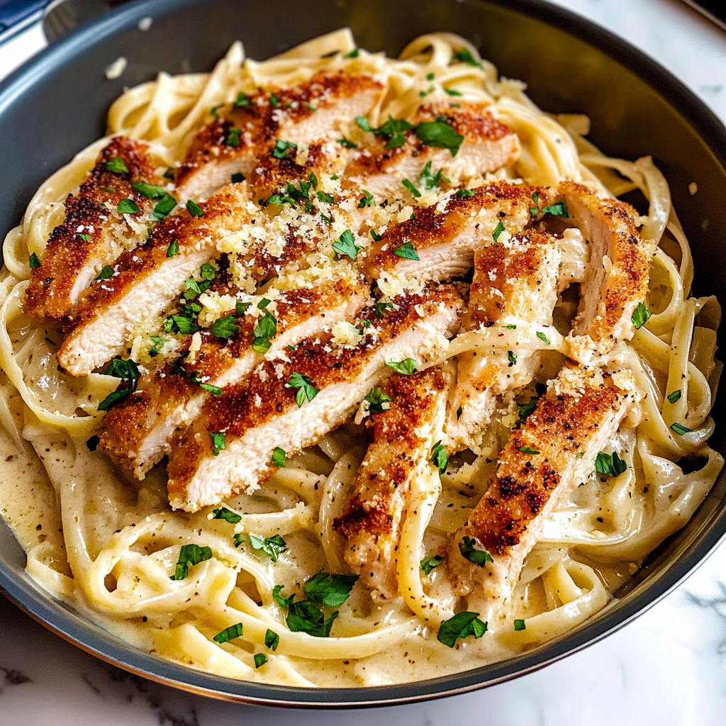 Recipe preparation for Creamy Garlic Butter Chicken & Linguine in Alfredo Sauce