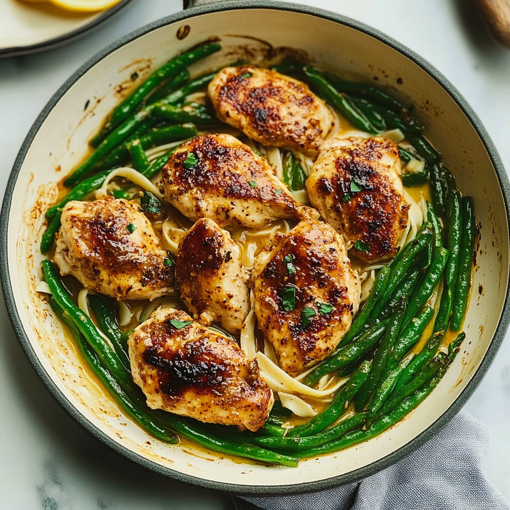 Recipe preparation for Smoky Paprika Chicken Alfredo with Lemon Feta Whip & Charred Green Beans