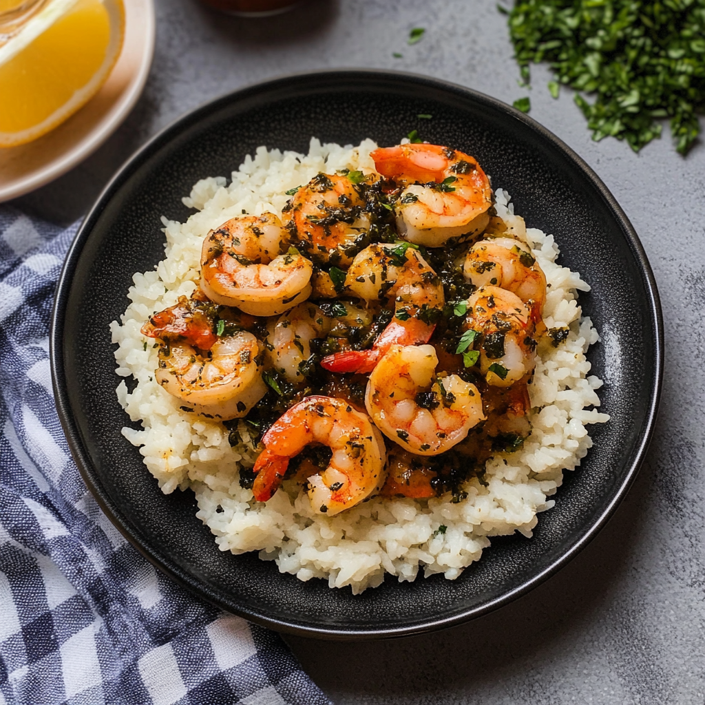 Recipe preparation for Garlic Butter Shrimp Bowl Recipe with Creamy Herb Rice