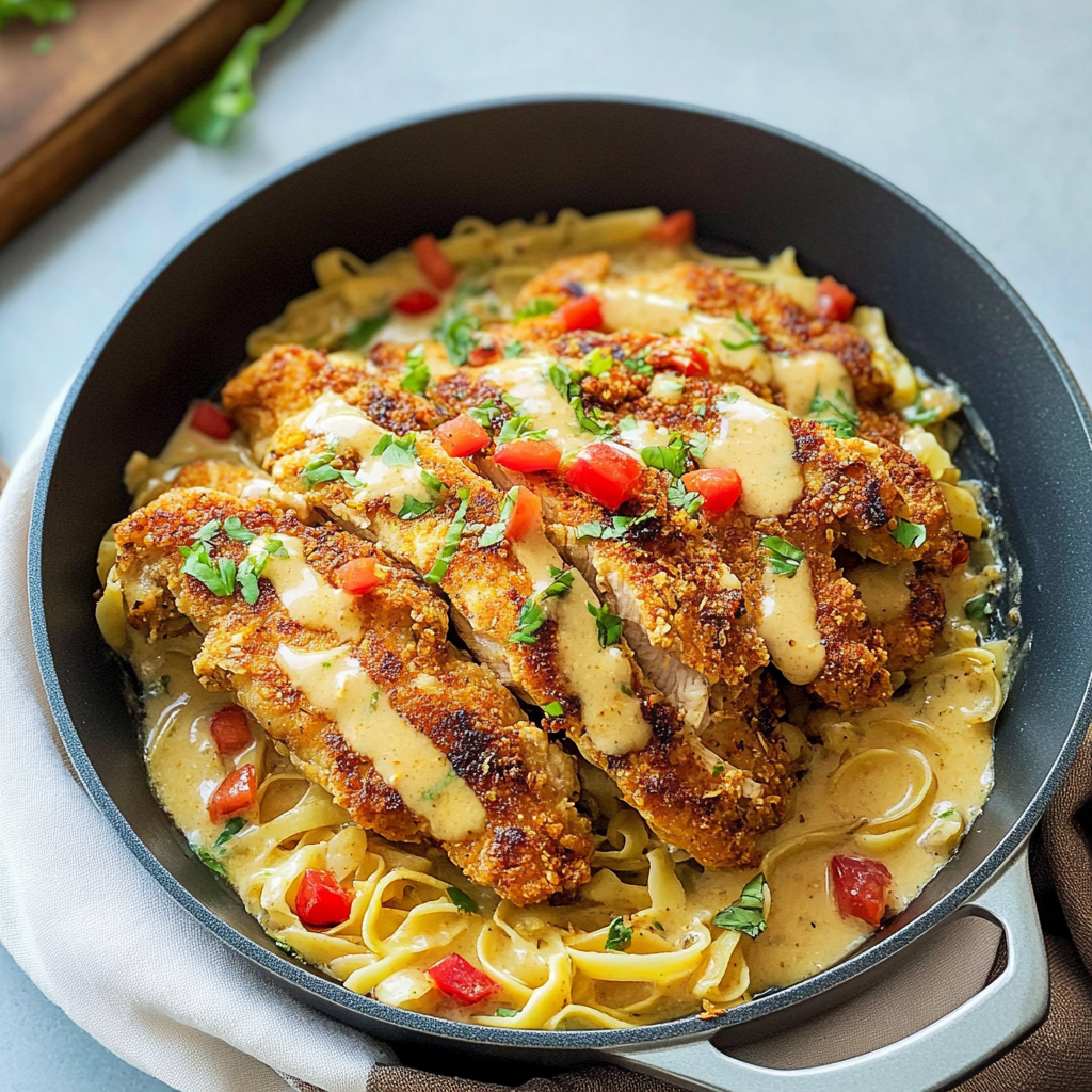 Recipe preparation for Lemon Pepper Chicken Bites & Roasted Red Pepper Cajun Alfredo Twists