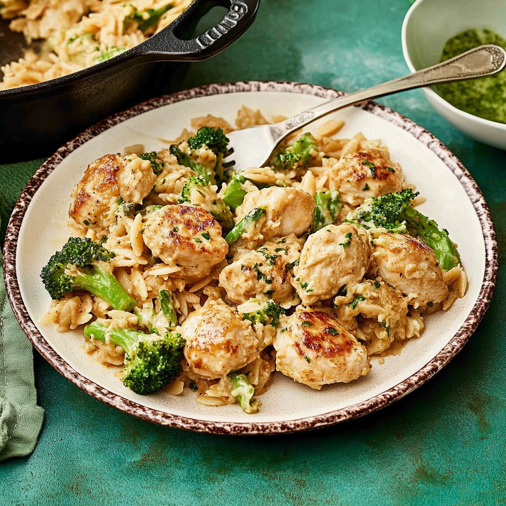 Recipe preparation for Easy Garlic-Parmesan Chicken Bites with orzo and Broccolini