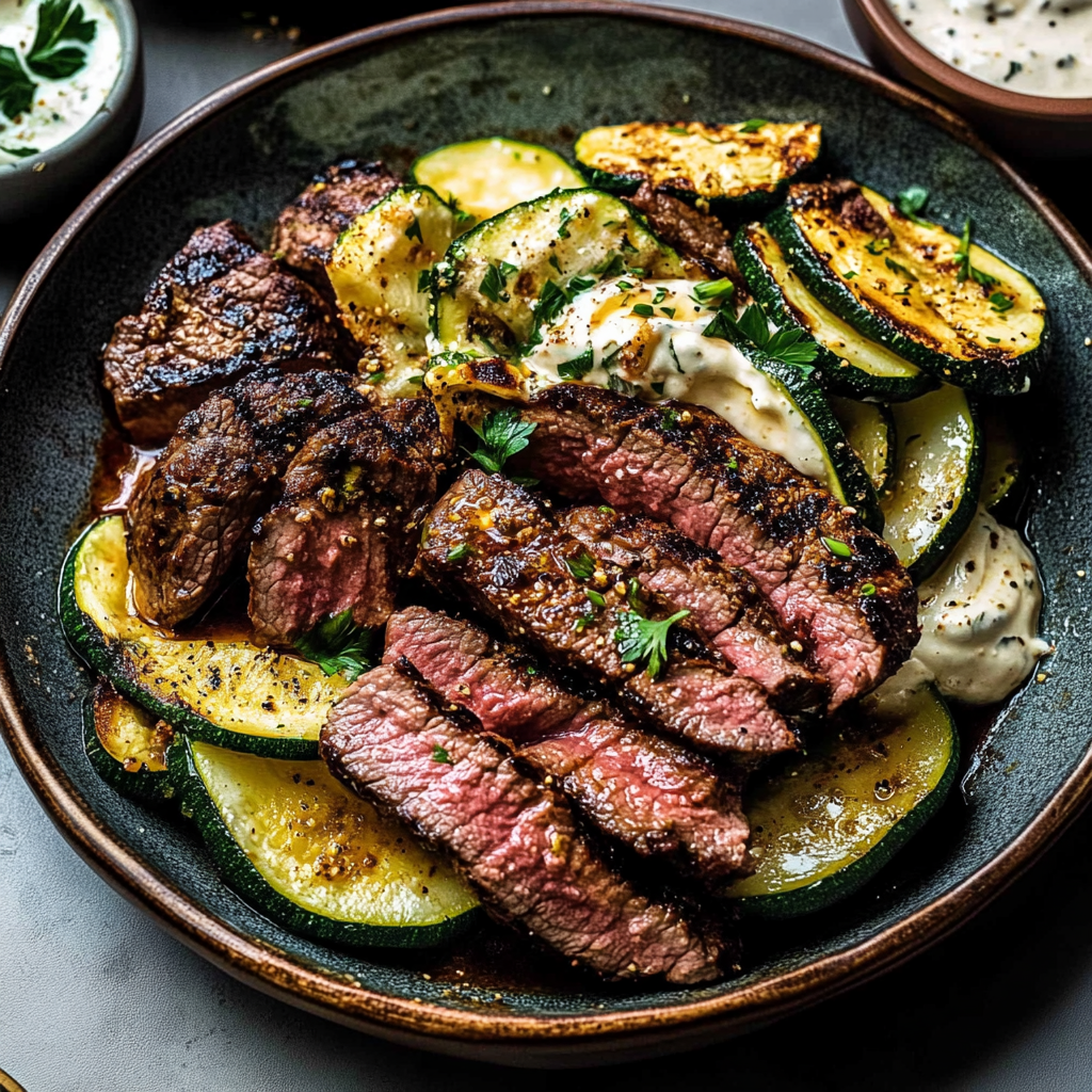 Recipe preparation for Creamy Grilled Steak Bowl Recipe with Zucchini