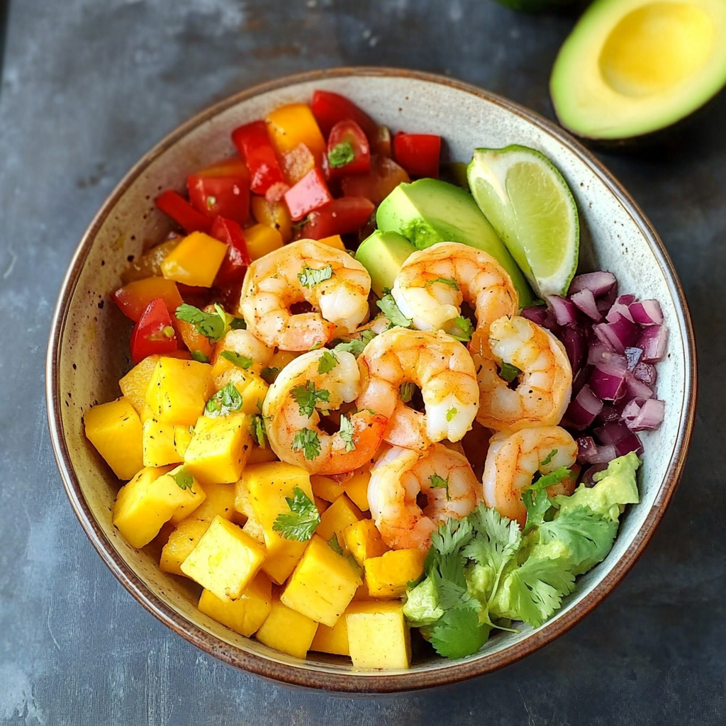 Recipe preparation for Shrimp and Avocado Bowls with Mango Salsa & Lime-Chili Sauce