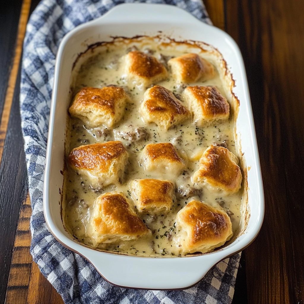 Recipe preparation for Biscuits and Gravy Casserole