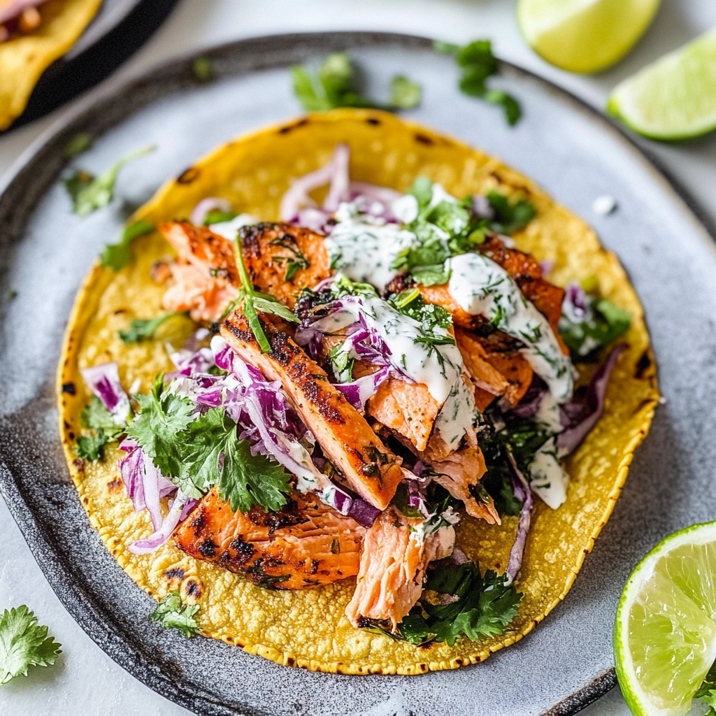 Recipe preparation for Delicious Salmon Tacos Recipe with Tangy Dill Yogurt Sauce