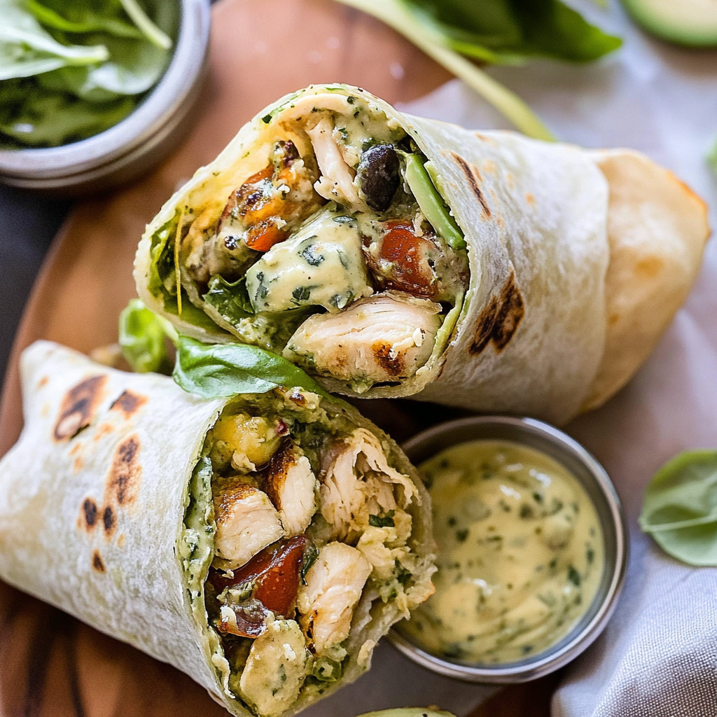 Recipe preparation for Pesto Chicken and Avocado Bacon Salad Wraps