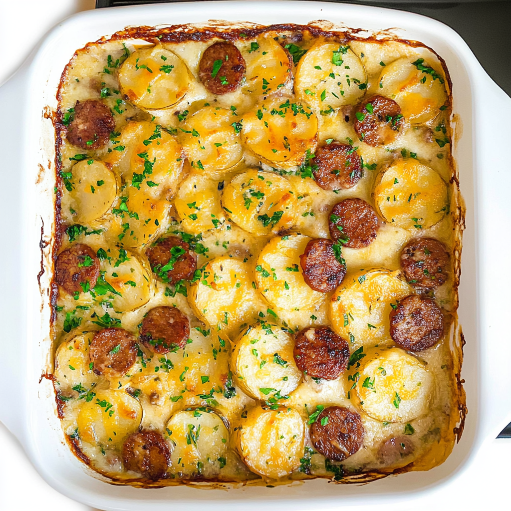 Recipe preparation for Cheesy Ranch Potatoes and Smoked Sausage Casserole