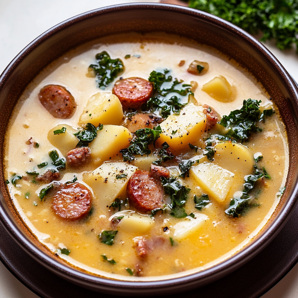 Recipe preparation for Smokey Sausage Potato & Kale Soup